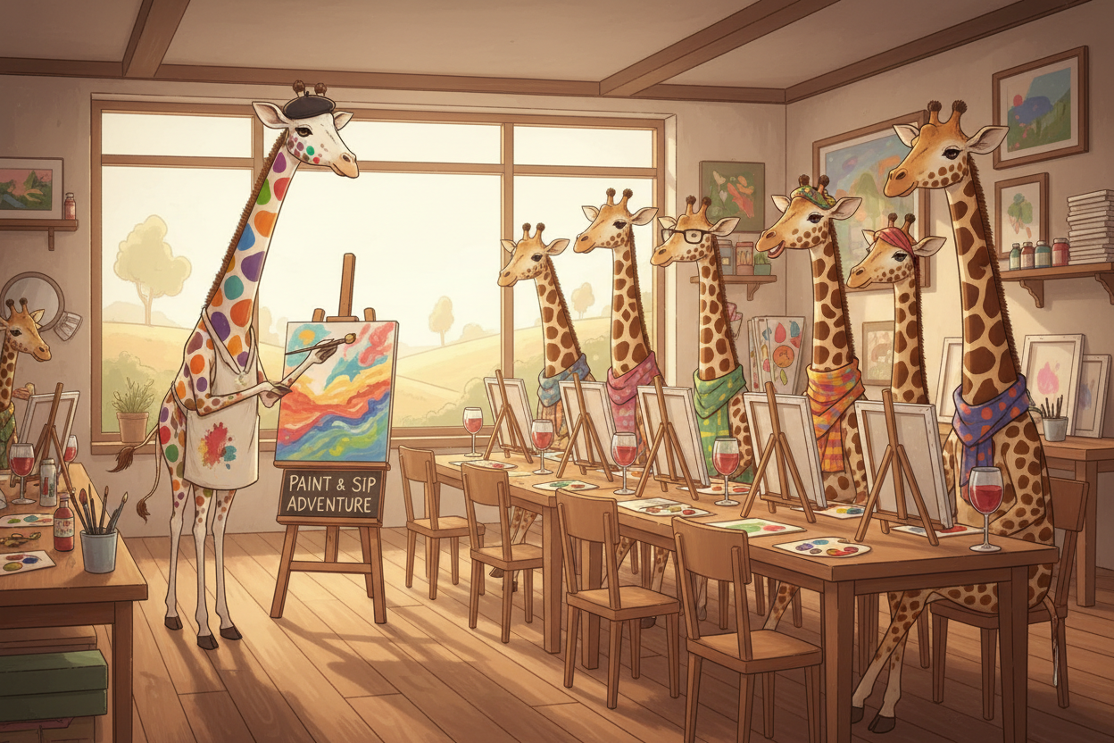 I want a white giraffe with different colored spots. The giraffe should be teaching a class with other adult giraffes. The class is a paint and sip class.