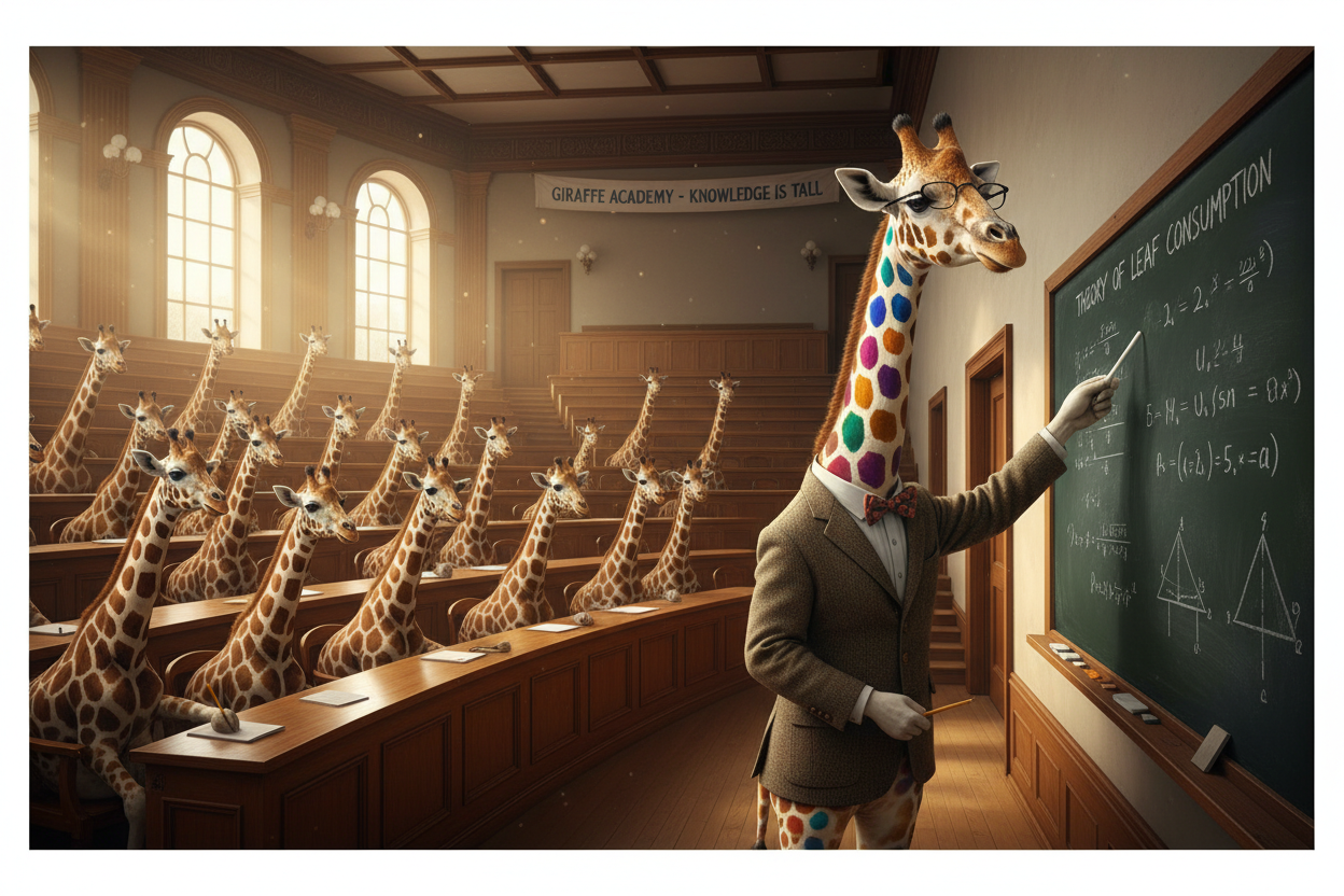 Create a white giraffe with different colored spots teaching a class to an arena full of giraffes behind desk