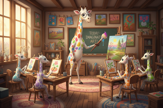 create the giraffe teaching a art class with baby giraffes in desk painting. Make all the giraffes white with diferent colored spots.