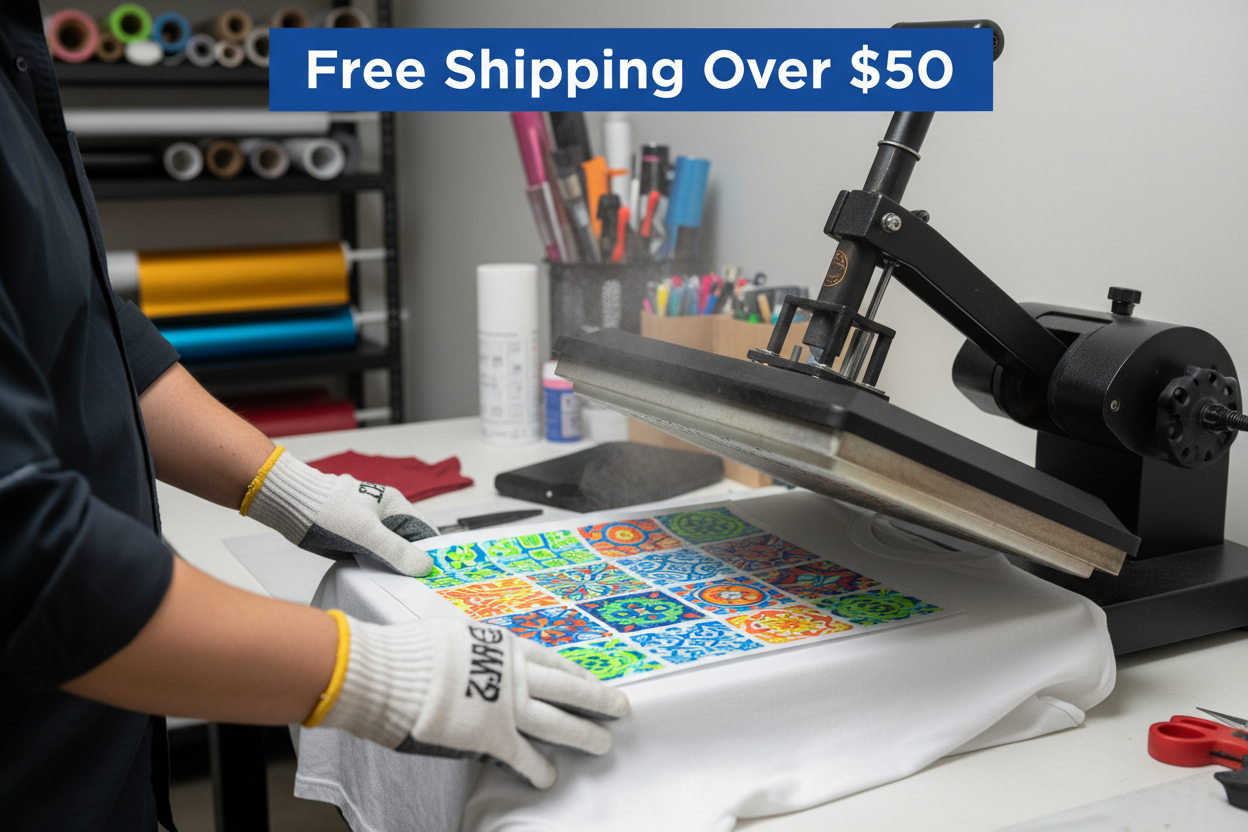 Take away the printer, add a person pressing a DTF transfer onto a t shirt